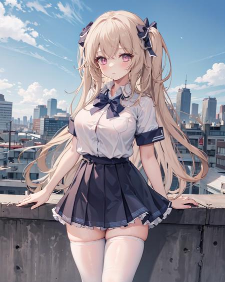 55191-3340981838-anchoragess, 1girl, large breasts, ,((school uniform)), standing,outdoors,cityscape, ((collared_shirt)),white legwear,cowboy sho.png